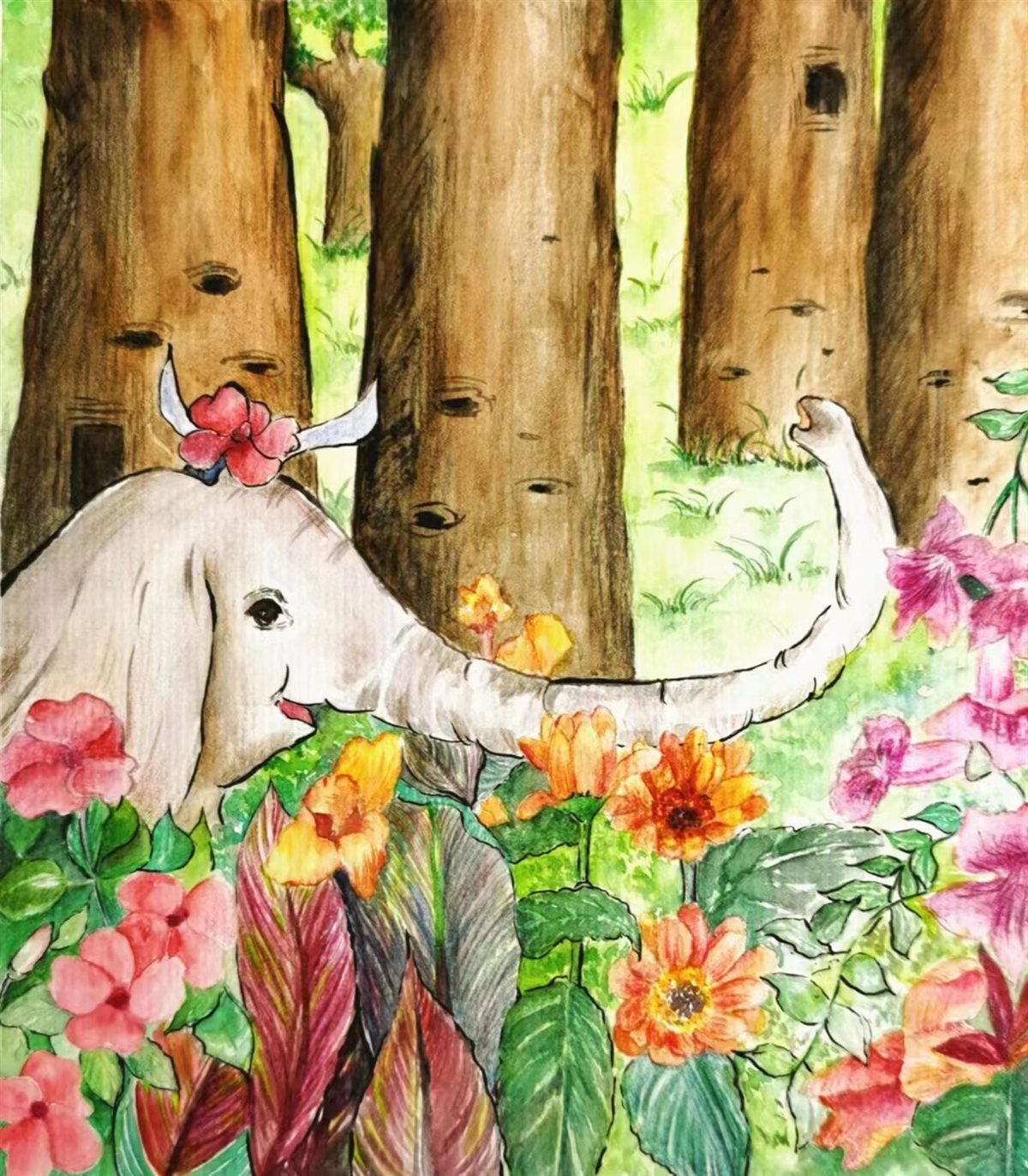 Elephant in floral garden — thesis hero